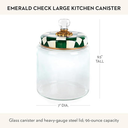 MACKENZIE-CHILDS Large Kitchen Canister, Decorative Glass Storage Jar with Lid, Green-and-White Emerald Check