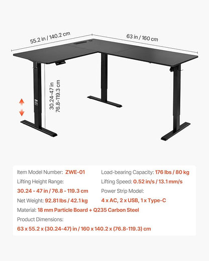 VEVOR L Shaped Standing Desk with Wheels, 63 x 55 inch 3-Level Height Adjustable Electric Corner Standing Desk with Power Outlet, Heavy Duty Carbon Steel Sit Stand Computer Table, Easy to Assemble
