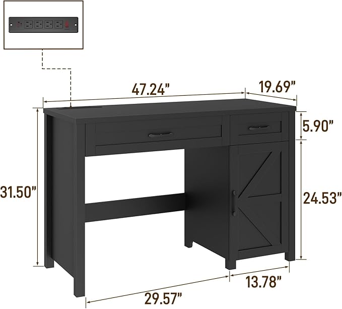 Farmhouse 47" Executive Desk, Computer Desk with Drawers and Storage Cabinet, Workstation for Home Office and Study.(Pure Black)