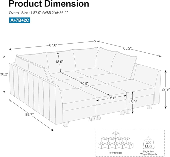 Belffin Large Modular Sectional Sofa Sleeper Sectional Couch with Storage Chenille Sectional Sofa Bed for Living Room, 9 Seats, Dark Grey