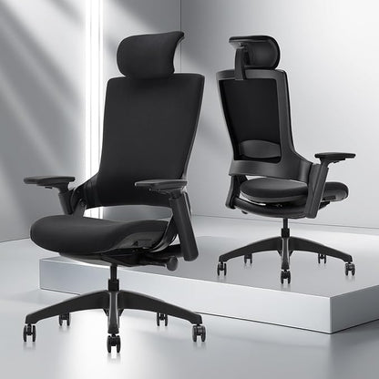 CLATINA Ergonomic High Swivel Executive Chair with Adjustable Height Head 3D Arm Rest Lumbar Support and Upholstered Back for Home Office Studio, Black Fabric, 2 Pack