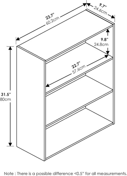 Furinno PASIR Book Shelf, 3-Tier Bookshelf, Storage Shelves Bookcase, 9.7 x 23.7 x 31.5, for Living Room, Bedroom, Home Office, Steam Beech