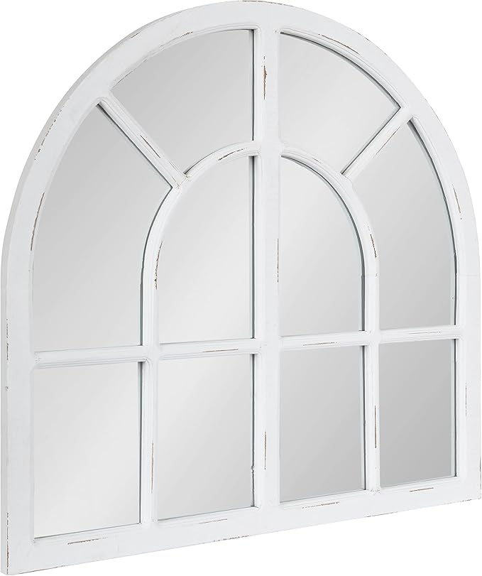 Kate and Laurel Boldmere Modern Farmhouse Wide Windowpane Arched Mirror; 30 x 29; White; Decorative Vintage Inspired Window Mirror for Farmhouse Wall Decor