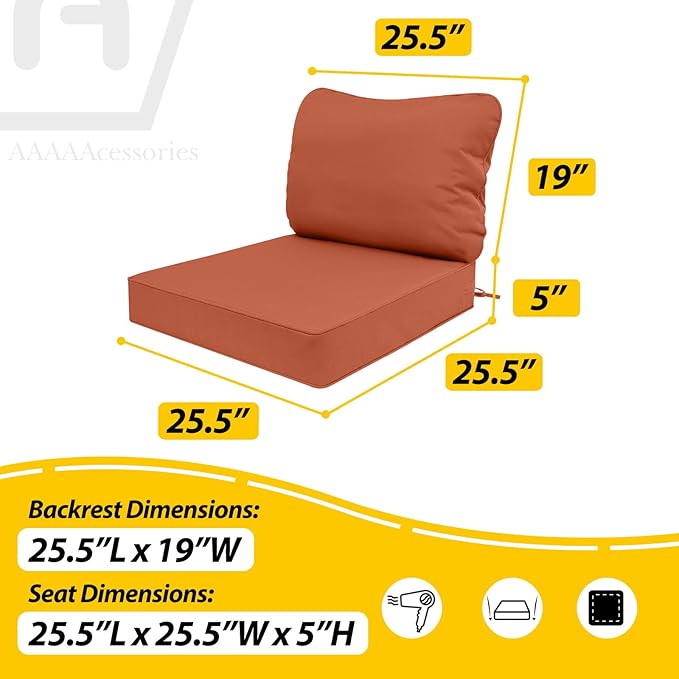 AAAAAcessories Outdoor Deep Seat Cushions, Waterproof, Fade-Resistant Patio Furniture Replacement Cushions, 25.5" x 25.5" x 5" + 25.5" x 19", Set of 2, Rust