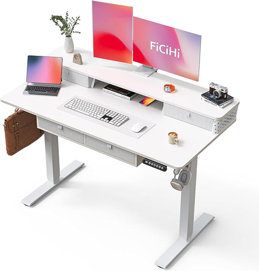 FiCiHi Adjustable Height Standing Desk with 4 Drawers,48 x 24 inches Electric Sit Stand Home Office Desk with Two Tiers, 3 Memory Presets, Monitor Stand Riser