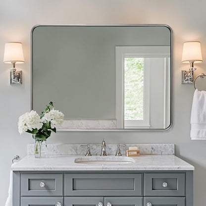 ANDY STAR Wall Mirror for Bathroom, 30x40 Inch Brushed Nickel Rectangle Bathroom Mirror for Over Sink, Modern Silver Rounded Rectangular Mirror for Vanity with Non-Rusting Tube Metal Frame