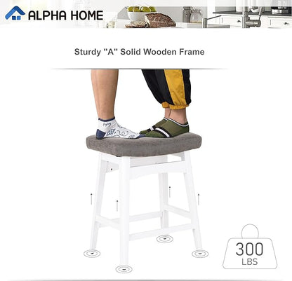ALPHA HOME Bar Stools Set of 2, Solid Wood Saddle Kitchen Stools with Grey PU Leather Cushion Counter Height Barstools with Wooden Base for Kitchen Dining Cafe, 24 Inch, Grey, 2PCS