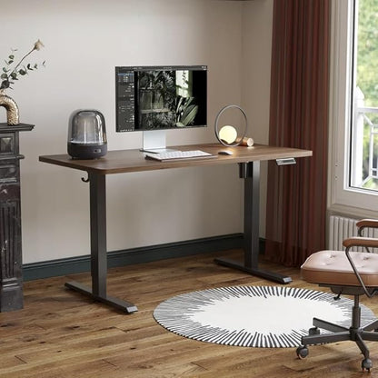 FEZIBO One-Piece Standing Desk Adjustable Height Stand up Home Office Desk, 60x24 Inch Electric Standing Computer Desk, with 4 Memory Presets, Headphone Hook, Fixable casters, Black Walnut