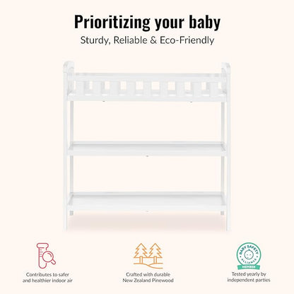 Dream On Me Emily Changing Table, Compact and Portable, Solid New Zealand Pinewood, Safety Rails, Two Storage Shelves, Includes Water-Resistant 1" Changing Pad — White
