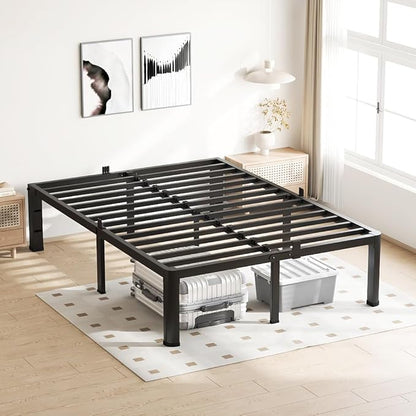 14 Inch Queen Bed Frame, 3500Lbs Heavy Duty Metal Platform with Round Corner Legs Mattress Slide Stopper, Steel Slat Support No Box Spring Needed, Noise Free, Non-Slip, Easy Assembly