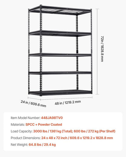 VEVOR Storage Shelves, 3000 lbs, 5 Tier Heavy Duty Garage Shelving, 24" D x 48" W x 72" H Adjustable Metal Shelves for Industrial Shelving Unit Utility Shelf, for Kitchen, Warehouse, Basement, Black