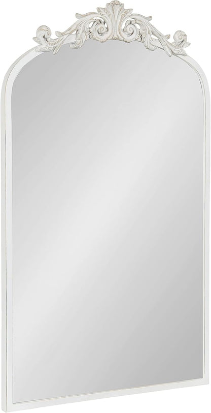 Kate and Laurel Arendahl Traditional Arch Wall Mirror; 19 x 31; Antique White; Vintage Glam Baroque-Inspired Arched Bathroom Vanity Mirror with Ornate Crown