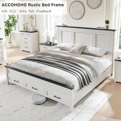 ACCOHOHO Farmhouse King Size Bed Frame with 52" Tall Headboard, Wood Platform Bedframe with Footboard and Storage Drawers, No Squeak, No Box Spring Needed, Off White