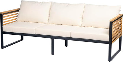 Christopher Knight Home Alvin 3-Piece Acacia Wood Metal Patio Furniture Set, Outdoor Sectional Conversation Sofa Chat Set with Coffee Table and Ottoman for Backyard or Balcony, Teak+Beige+Black