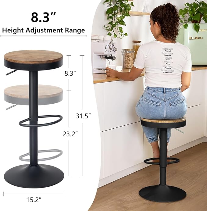 Kidol & Shellder Bar Stools Set of 6 Round Adjustable Swivel Barstools Modern Backless Bar Chairs Wooden Seat Counter Height Stools Armless for Kitchen Island, Cafe, Dining Room Black
