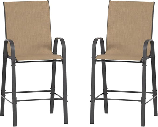 Amopatio Outdoor Bar Stools Set of 2,Comfortable High Back Patio Bar Chairs,All-Weather Sturdy Bar Height Outdoor Chairs for Porch, Backyard, Brown