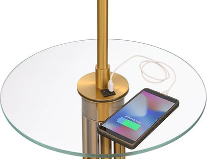 Possini Euro Design Granview Mid Century Modern 66" Tall Standing Floor Lamp with Glass Table USB Port Gold Metal Warm Brass Finish Living Room Bedroom House Reading Office Home Decor Entryway