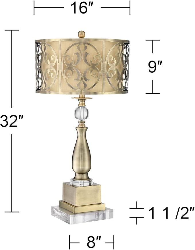 Possini Euro Design Doris Traditional Table Lamp with Clear Square Riser 32" Tall Brass Metal Candlestick Double Drum Shade for Bedroom Living Room House Home Bedside Nightstand Office Family