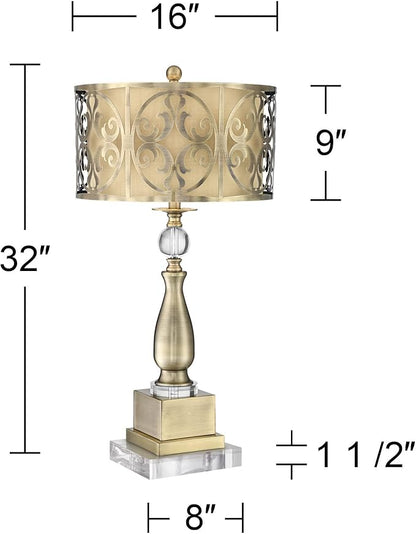 Possini Euro Design Doris Traditional Table Lamp with Clear Square Riser 32" Tall Brass Metal Candlestick Double Drum Shade for Bedroom Living Room House Home Bedside Nightstand Office Family