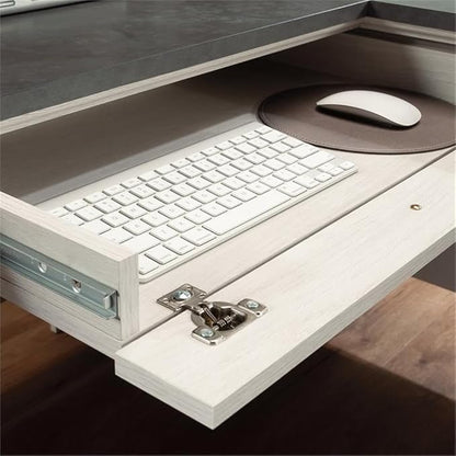 Pemberly Row Engineered Wood L-Shaped Desk in Glacier Oak/Rosso Slate Accents
