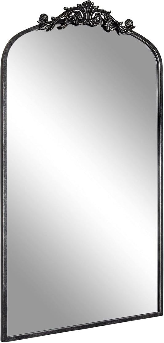 Kate and Laurel Arendahl Vintage Glam Arched Tall Panel Mirror; 24 x 42; Antique Black; Traditional Baroque Large Body Wall Mirror with Ornate Garland Inspired Crown