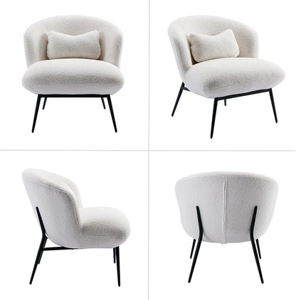 HEAH-YO Modern Accent Chairs Set of 2, Upholstered Sherpa Side Chairs with Barrel Backrest and Metal Legs, Comfy Armless Chair for Living Room Bedroom, White