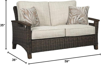 Signature Design by Ashley Paradise Trail Outdoor Loveseat with All Weather Cushions, Nuvella Weather Resistant Fabric, Medium Brown