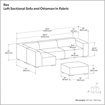 SIMPLIHOME Rex Left Corner Sectional Modular Sofa and Ottoman Set in Full-Grain Genuine Leather, Sienna, 116-inch-wide L-Shaped Leather Sofa and Matching 34-inch-Wide Table Ottoman for Living Room