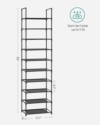 SONGMICS Shoe Rack, 10-Tier Shoe Shelf, Shoe Storage Organizer, 11 x 17.7 x 68 Inches, Metal Frame, Non-Woven Fabric Shelves, for Entryway, Bedroom, Black ULSH010B02