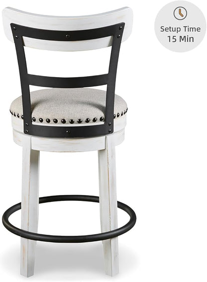 Signature Design by Ashley Valebeck | Modern Swivel 24.5" Counter Height Barstool – Rustic-Industrial Whitewash, Upholstered Cushion, 360° Swivel, Nailhead Trim