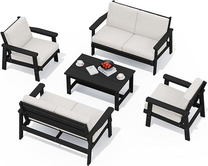 SERWALL HDPE Patio Furniture Set, 5 Piece All Weather Wood-Like Sectional Outdoor Furniture Set, Black Patio Sofa Couch with Khaki Cushions for Deck, Lawn