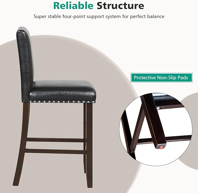 COSTWAY Bar Stools Set of 2, 25.5” PVC Leather Armless Counter Height Chair with Back, Kitchen Island Breakfast Chair for Dining Room, Party Room & Restaurant (2, Black)
