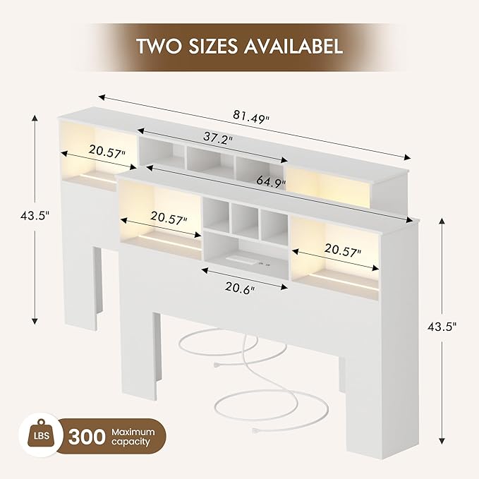 Apicizon 65" Queen Size Storage Headboard, Wood Headboard with Charging Station, Queen with Power Outlets, Ajustable LED Lights for Bedroom, White