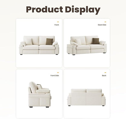 76" Loveseat Sofa, Cloud Foam Couch, 3 Seater Upholstered Midcentury Mondern Love Seat with USB Type C Ports, 4 Pillows and Flip-Open Storage Armrest for Living Room/Small Spaces, Beige