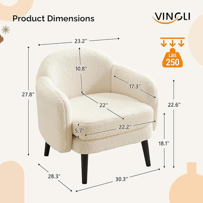 VINGLI 30.3" Wide Modern Barrel Accent Armchair with Track Armrest, Solid Wooden Legs, Comfy Upholstered Club Chair, Round Single Home Sofa for Living Room, Bedroom, Reading Room, Teddy Fleece White