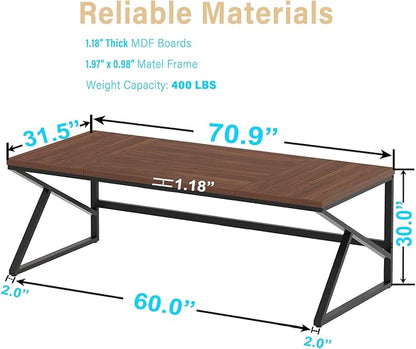 HSH 70 Inch Long Walnut Desk, 2 Person Large Work Desk for Home Office, Rustic Wood and Metal Executive Writing Study Gaming Computer Table, Modern Bedroom Living Room PC Laptop Dual Monitor Table