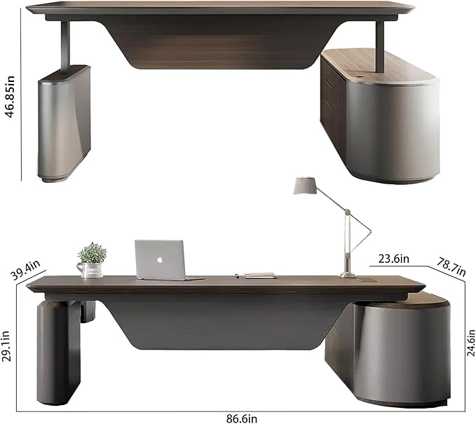 86.6" Reversible L-Shaped Adjustable Height Executive Desk with Oval Storage Cabinet - Black/Brown Standing Desk, Rounded Corners, 3 Drawers & 2 Door Compartments, Flexible Home & Office Workstation