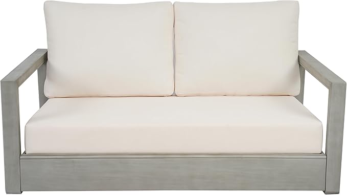 Christopher Knight Home Rammus 2 Pieces Outdoor Conversation Set, Acacia Wood Chat Set, Rectangular Coffee Table and Patio Loveseat Sofa, Slat Design Patio Furniture Set for Garden, Beige + Light Grey