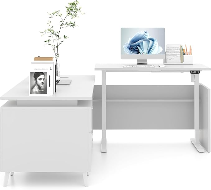 77" L-Shaped Electric Standing Executive Desk with 2-Drawer Storage Cabinet, Height Adjustable Workstation with Memory Presetsfor Home Office