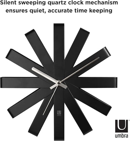 Umbra Ribbon Modern 12-inch Wall Clock, Battery Operated Quartz Movement, Silent Non Ticking Wall Clocks, Black