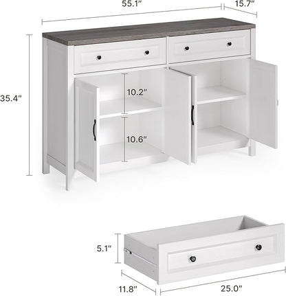 Gizoon Farmhouse Kitchen Sideboard Buffet Cabinet with Storage, Wood Coffee Bar and Storage Sideboard with Drawers and Doors for Kitchen, Dining Room, 15.7" D x 55.1" W x 35.3" H, White/Grey