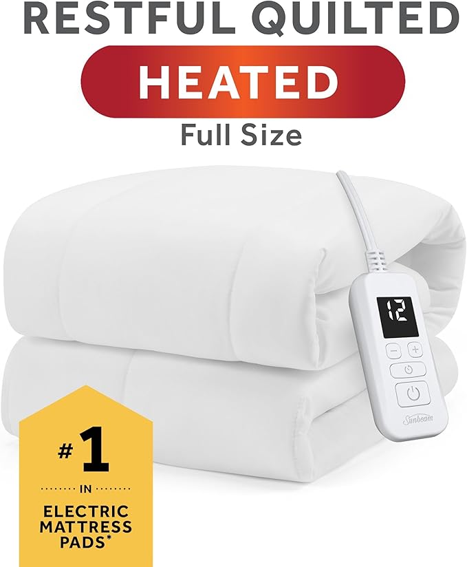 Sunbeam Electric Heated Mattress Pad Restful Quilted Extra-Cozy Fabric 12 Heat Settings 12-Hour Auto Shut-Off Deep Pocket Fit Machine Washable Full 75" x 54"