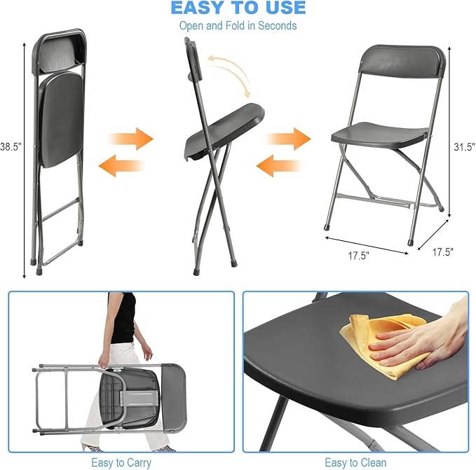 6 Pack Grey Heavy Duty Plastic Foldable Chair, Stackable Chairs with Reinfoced Steel Frame for Indoor and Outdoor, Wedding, Party, Restaurant, Meeting Room, Patio