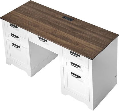 VEVOR 60" Executive Desk with Drawers, Farmhouse Home Office Desk with Charge Station, Keyboard Tray, File Storage Cabinet, 200 LBS Load Capacity Wood Table, Easy Assembly, for Work Study, Walnut