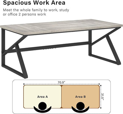 HSH 70 Inch Long Grey Desk, Large Home Office Computer Desk for 2 People, Industrial Wood and Metal Executive Work Writing Study Gaming Desk Table, Modern Bedroom Simple PC Laptop Desk Double Desk