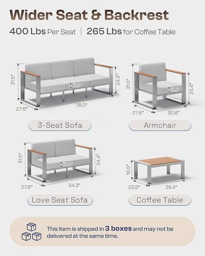 Aluminum Patio Furniture Set, 5 Seats Outdoor Patio Conversation Sets with Ergonomic Seat and Wide Washable Thick Cushions, Modern Outdoor Sectional Furniture for Balcony, Porch (Teak-Gray)