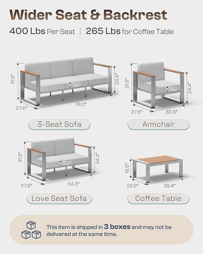 Aluminum Outdoor Furniture Set, 4 Seats Outdoor Patio Conversation Sets with Ergonomic Seat and Wide Washable Thick Cushions, Modern Patio Sectional Furniture for Balcony, Porch (Teak-Gray)