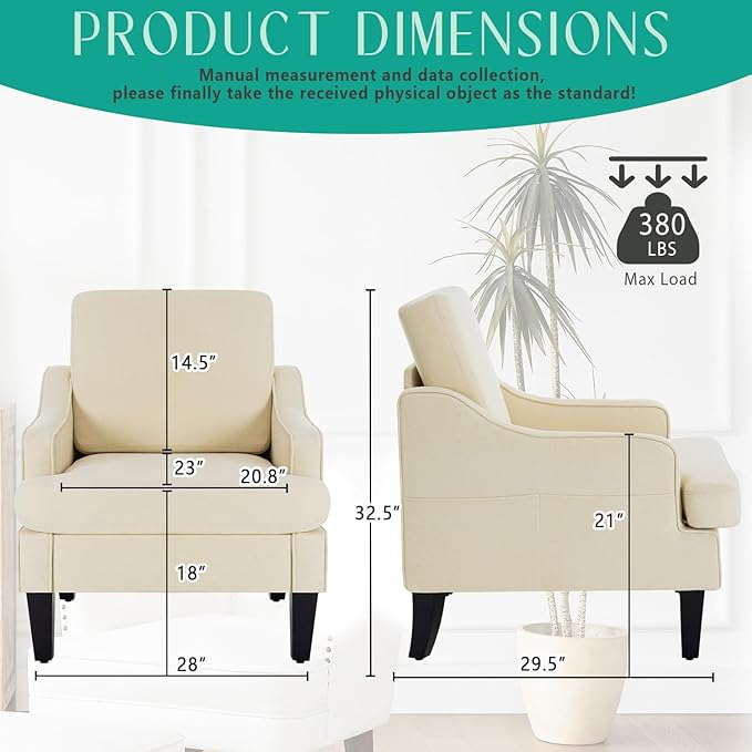 Modern Accent Chairs Set of 2 Upholstered Reading Chair for Bedroom with Side Pockets Comfy Living Room Chairs Living Room Armchair for Office, Apartment (Beige)