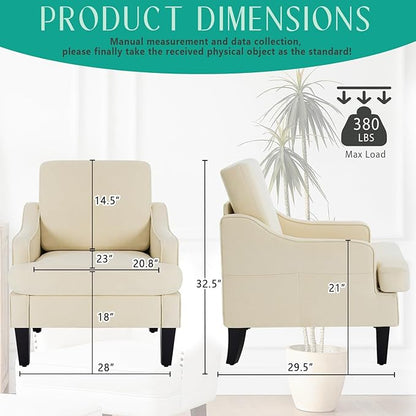 Modern Accent Chairs Set of 2 Upholstered Reading Chair for Bedroom with Side Pockets Comfy Living Room Chairs Living Room Armchair for Office, Apartment (Beige)