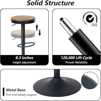 Kidol & Shellder Black Bar Stools Set of 2 Adjustable Swivel Backless Barstools Modern Round Wooden Seat Counter Height Bar Chairs Armless for Kitchen Island, Cafe, Dining Room